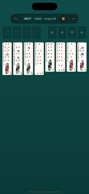 FreeCell Gauntlet on iPhone: a game dealt, its number and target in the bar